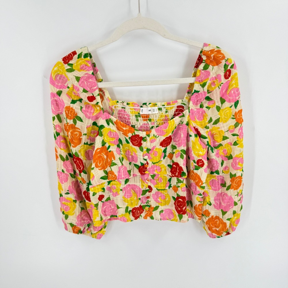 MNG Mango Floral Crop Top Multicolor Medium Cottagecore Boho Smocked Puff Sleeve